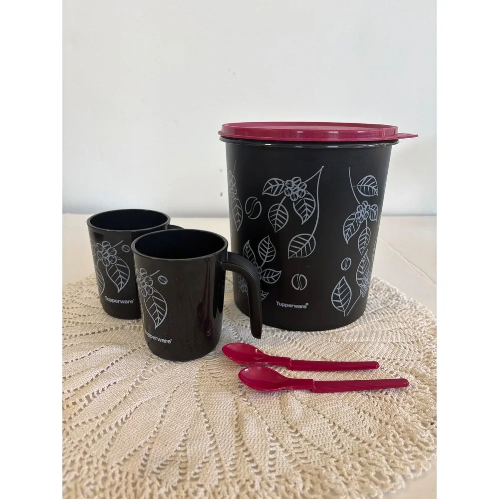 Tupperware MCM Coffee Canister Set Black Magenta Pink Mugs Spoons 5 Piece Set